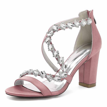 Elegant pink heels with white crystal beaded heels for formal events featuring a stylish ankle strap