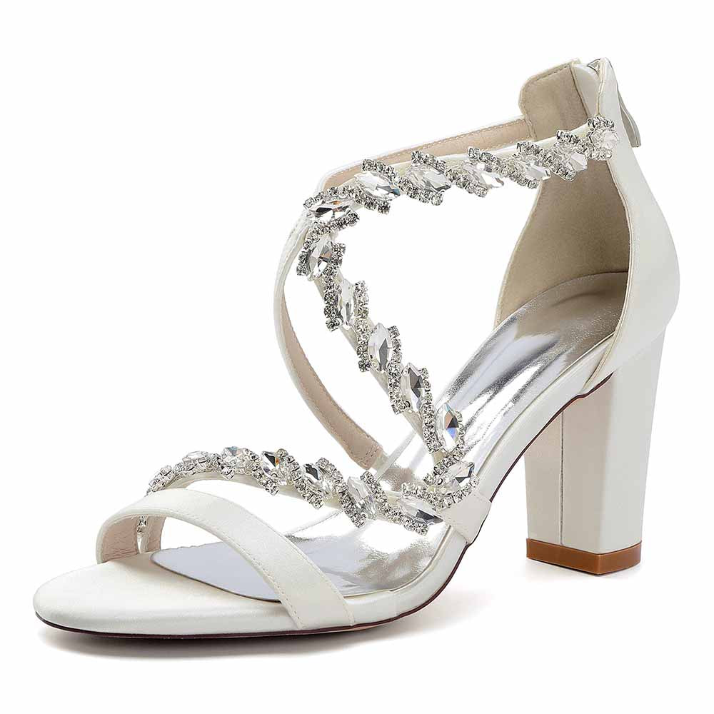 Elegant white crystal beaded heels for formal events with stylish design and comfortable block heel