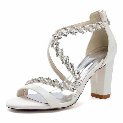 Elegant white crystal beaded heels for formal events with stylish design and comfortable block heel