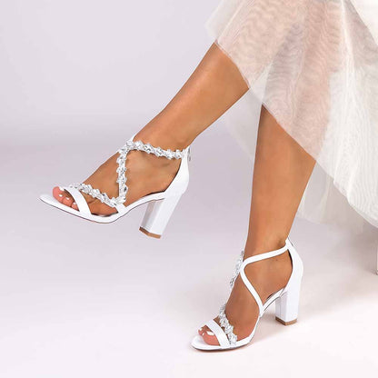 Elegant white crystal beaded heels for formal events with stylish block heels and delicate straps