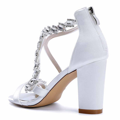 Elegant white crystal beaded heels for formal events featuring a stylish block heel design
