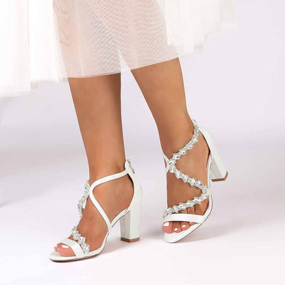 Elegant white crystal beaded heels for formal events with stylish ankle straps and block heels