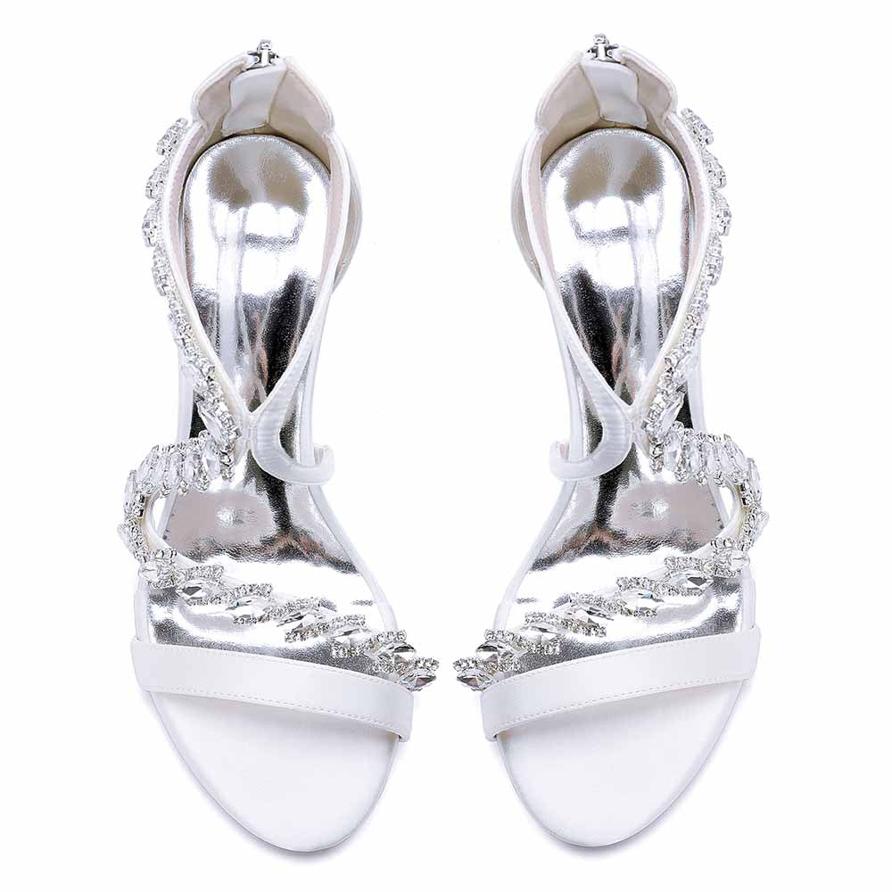 Elegant white crystal beaded heels for formal events with delicate straps and shiny finish