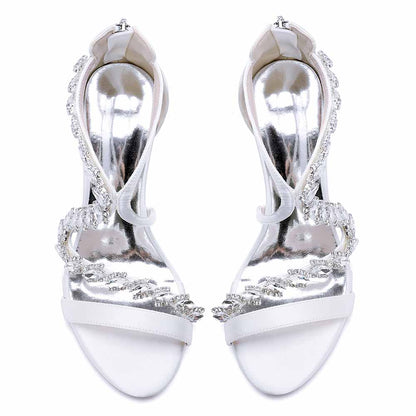 Elegant white crystal beaded heels for formal events with delicate straps and shiny finish