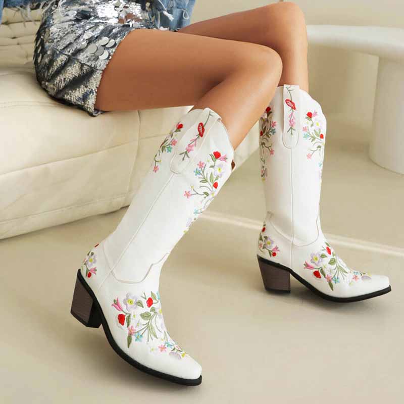 Stylish white embroidered cowboy boots for women with floral designs and a chunky heel