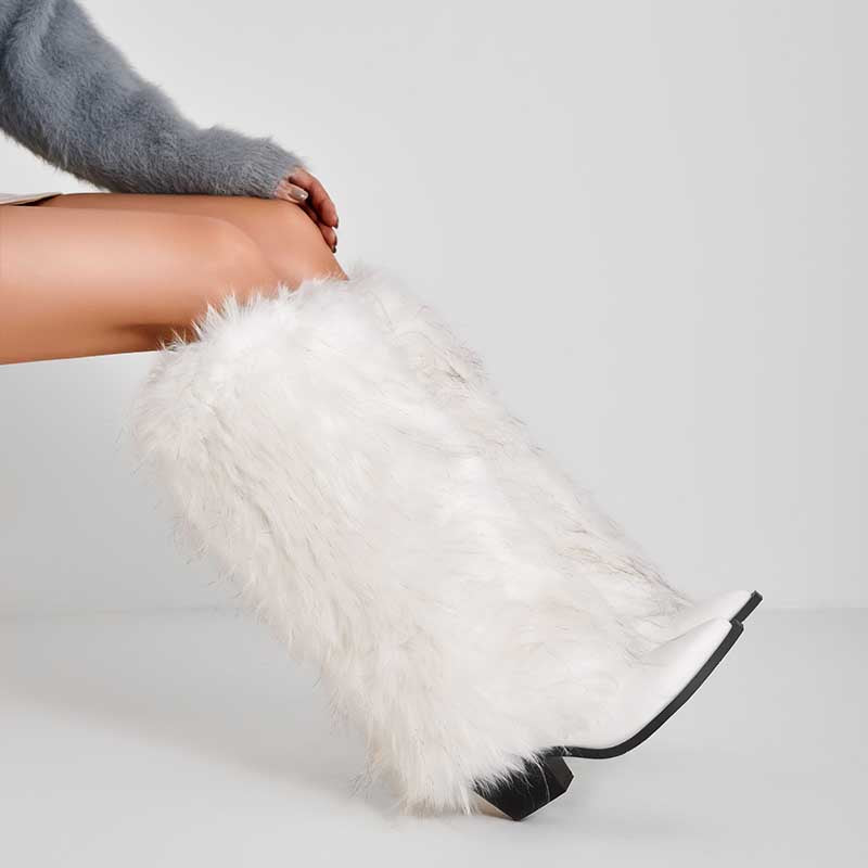Stylish white faux fur boots for women with a trendy block heel and soft, fluffy design