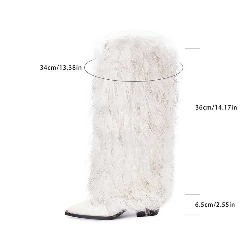 Stylish white faux fur boots for women featuring a chic, fluffy design and a sleek white base