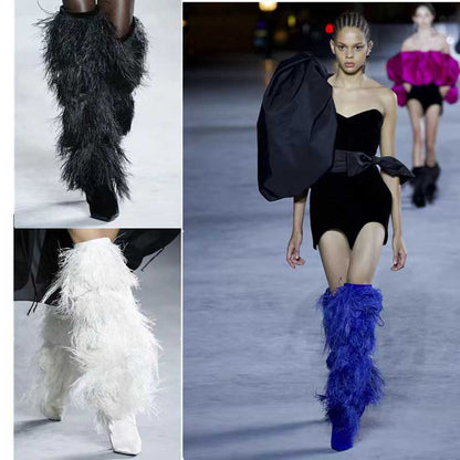 Stylish white faux fur boots for women featured in a runway show with elegant outfits