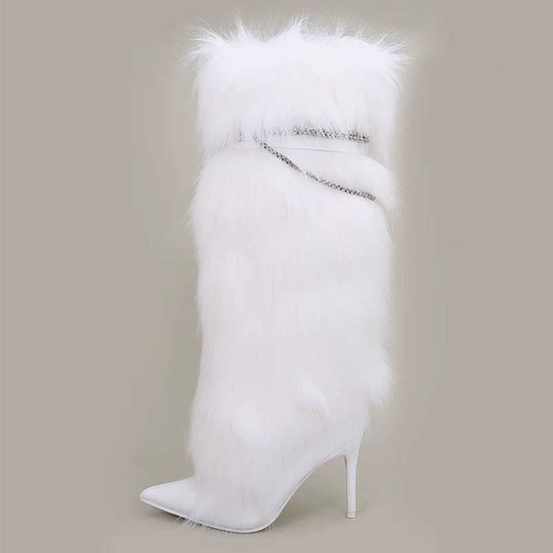 Stylish white faux fur boots for women with a high stiletto heel and luxurious design
