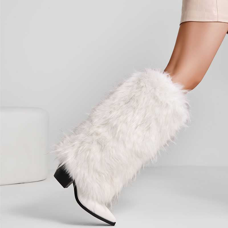 Stylish white faux fur boots for women with chic heel design, perfect for winter fashion