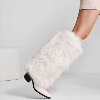 Stylish white faux fur boots for women with chic heel design, perfect for winter fashion