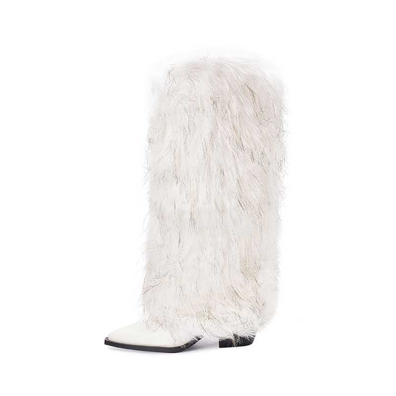 Stylish white faux fur boots for women with a trendy tall design and comfortable fit