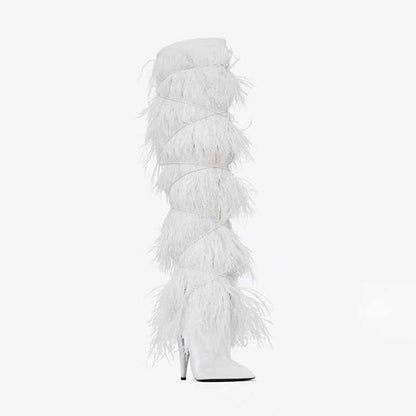 Stunning white faux fur boots for women with feather detailing and a sleek ankle design