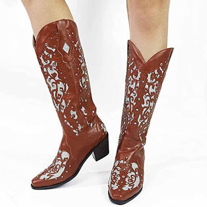 Stylish brown cowboy boots featuring white glitter wedding boots design with detailed embellishments