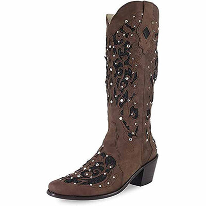 Elegant brown wedding boots featuring intricate black and pearl embellishments, perfect for a stylish bride