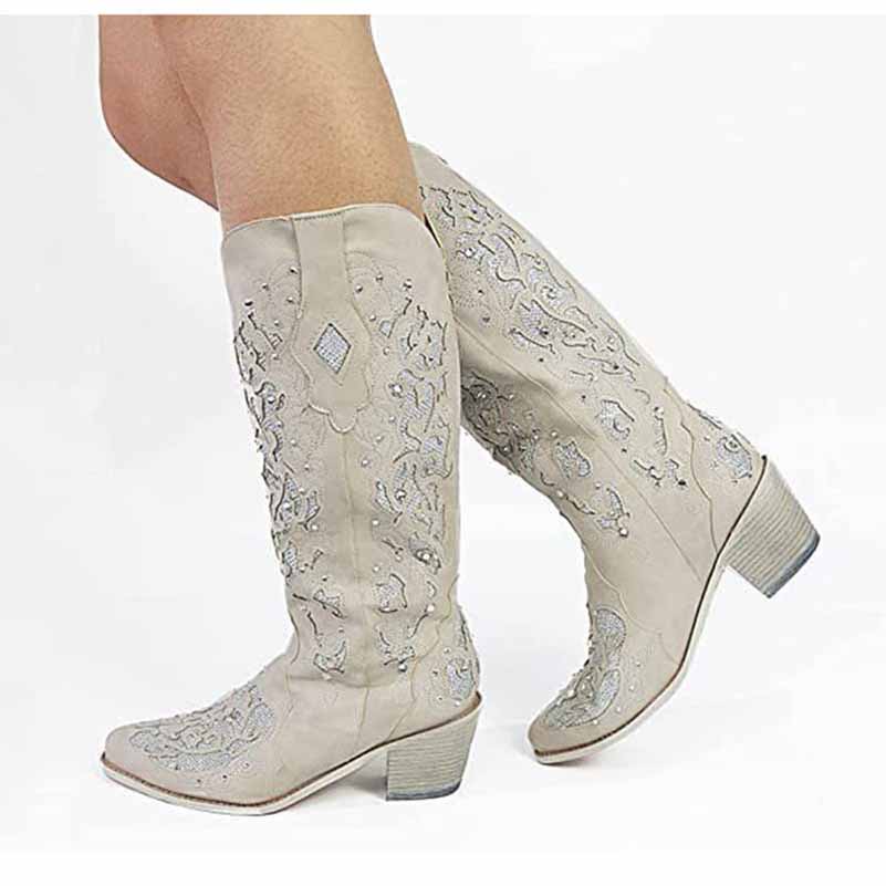 Elegant white glitter wedding boots with intricate embroidery for a stylish bridal look