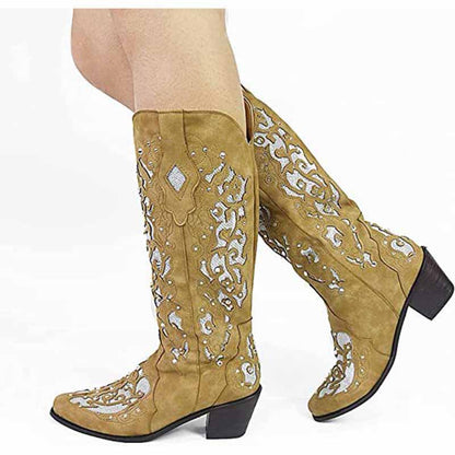 Stylish brown western boots with silver embellishments, perfect for a chic look featuring white glitter wedding boots