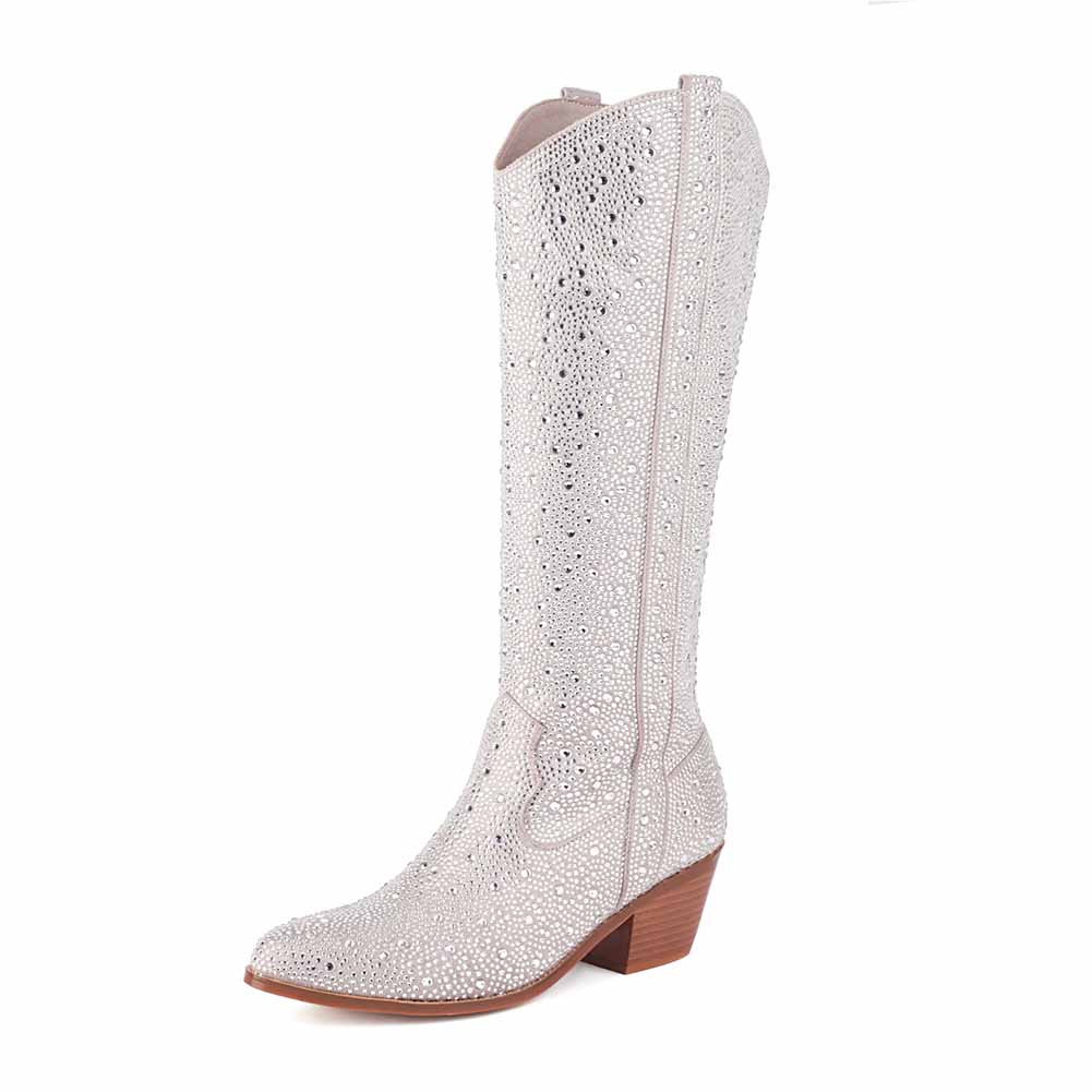 Shiny Rhinestone Western Cowboy Knee High Boots Sparkly Chunky Block Heel Boots