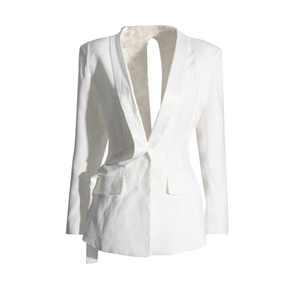 Women's Deep-V White Blazer Trendy Jacket with Cut-out Back