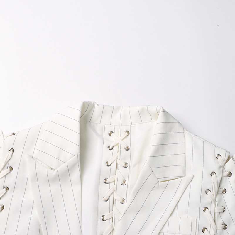 Lace Up White Striped Print Lapel Collar Single Breasted Tailored Blazer