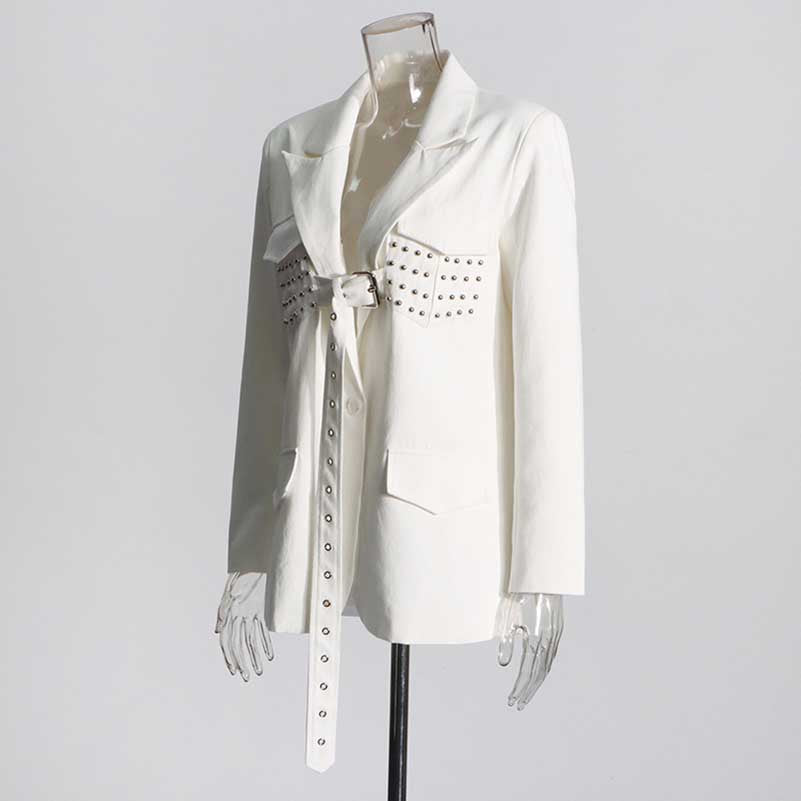 Women's Spliced Button Belt Blazer in White