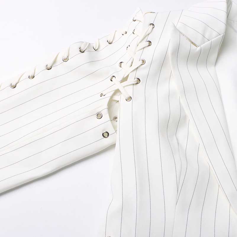 Lace Up White Striped Print Lapel Collar Single Breasted Tailored Blazer