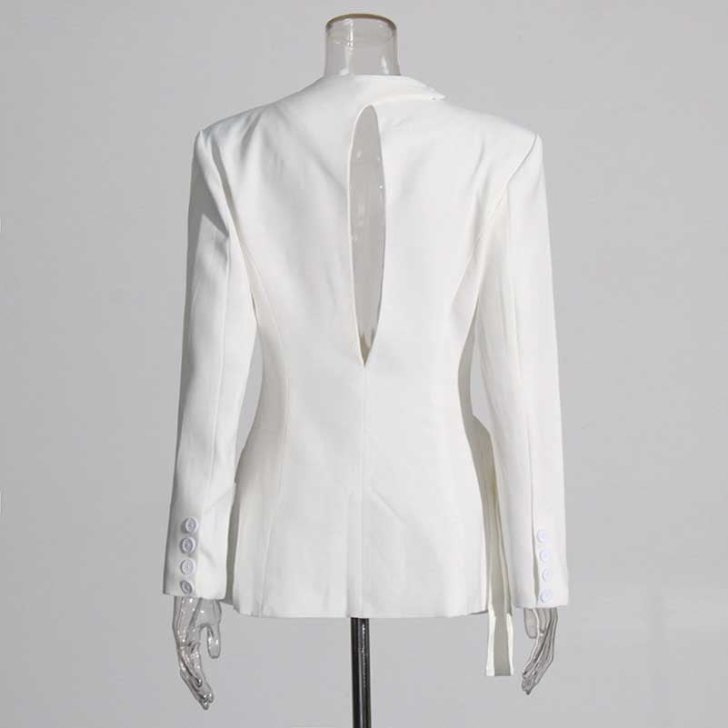 Women's Deep-V White Blazer Trendy Jacket with Cut-out Back