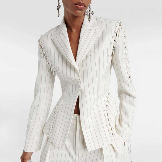 Lace Up White Striped Print Lapel Collar Single Breasted Tailored Blazer