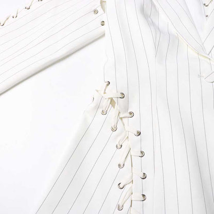 Lace Up White Striped Print Lapel Collar Single Breasted Tailored Blazer