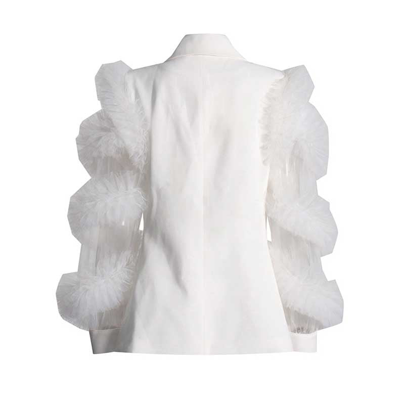 Splicing Mesh Ruffle Double Breasted Suit Jacket Blazer