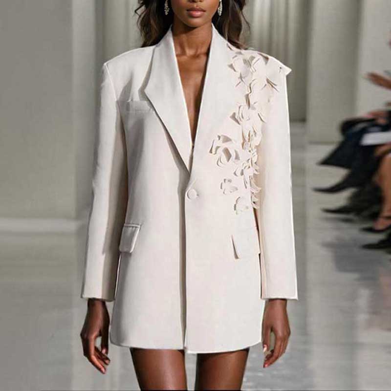 Women's Floral Applique Blazer White Coat