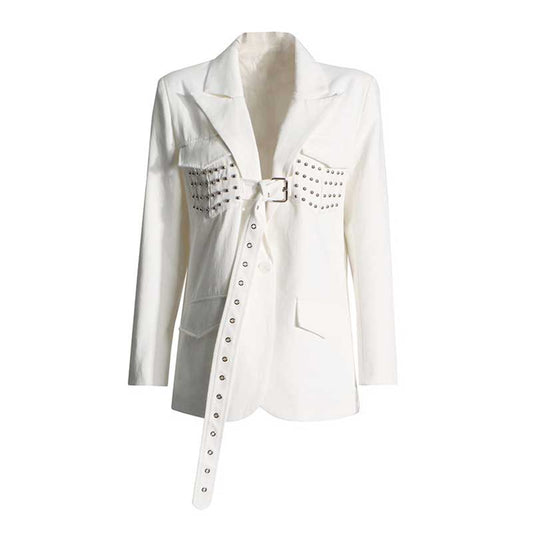 Women's Spliced Button Belt Blazer in White