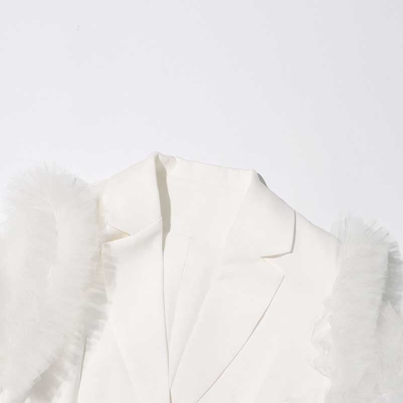 Splicing Mesh Ruffle Double Breasted Suit Jacket Blazer