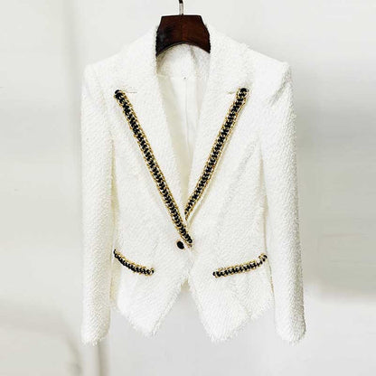 Women Single Breasted White Tweed Blazer