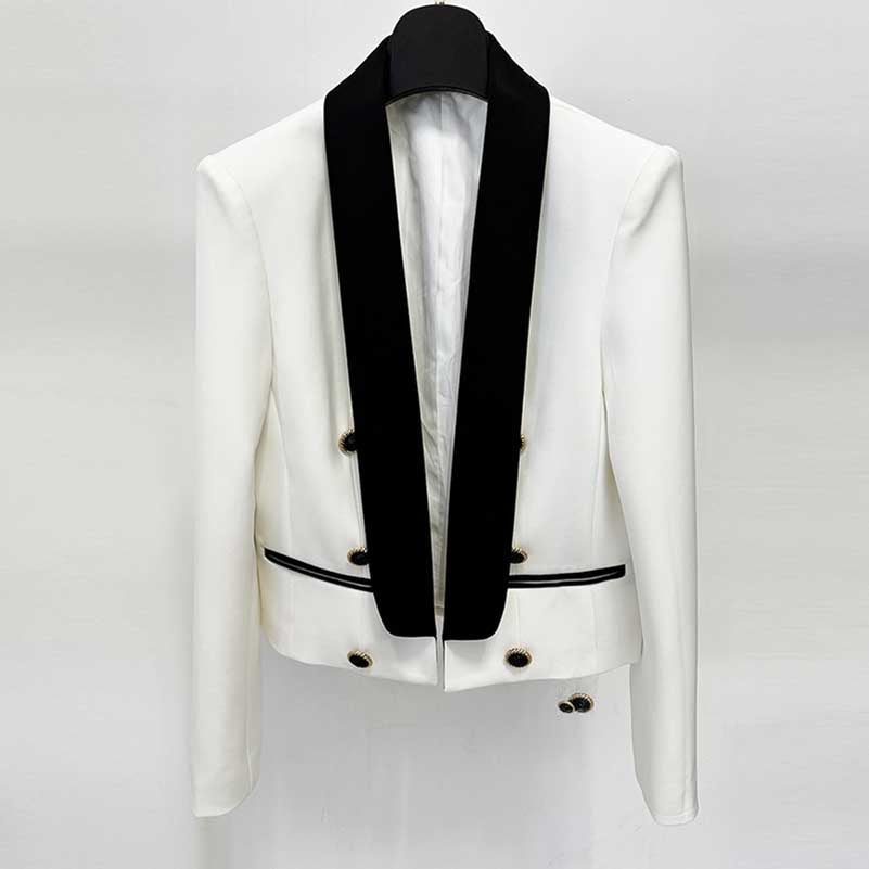 Satin Lapel Open Jacket 6-Button Black Collar Blazer