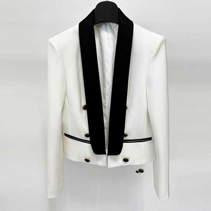 Satin Lapel Open Jacket 6-Button Black Collar Blazer
