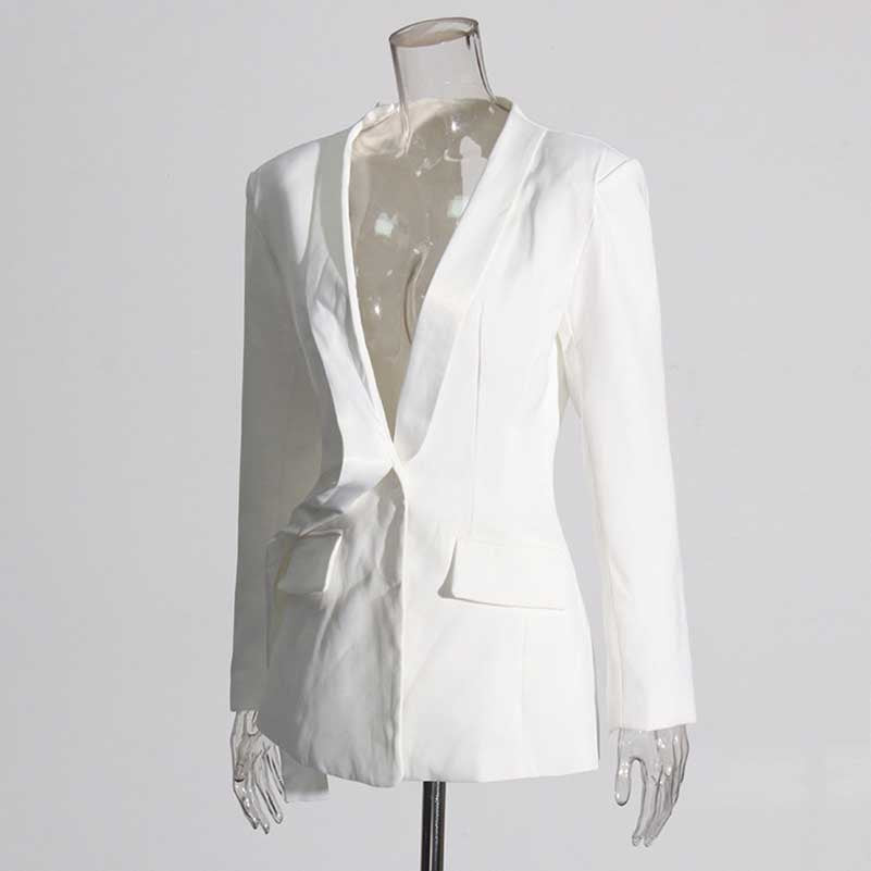 Women's Deep-V White Blazer Trendy Jacket with Cut-out Back