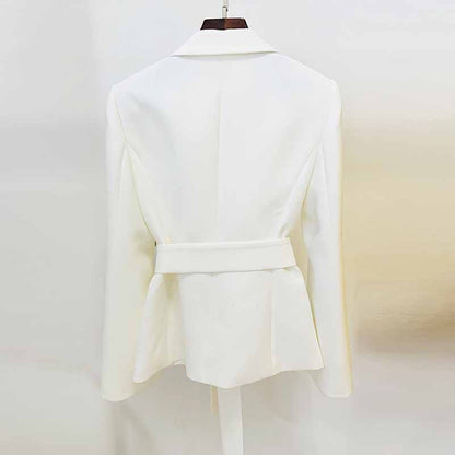 Women's Belted Embroidery Flare Sleeves White / Black Blazer Jacket Formal Event Blazer