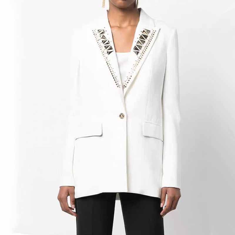 Women's Single-Breasted Studded Blazer White Coat