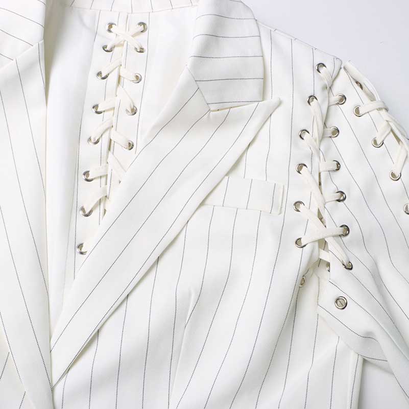 Lace Up White Striped Print Lapel Collar Single Breasted Tailored Blazer