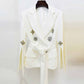 Women's Belted Embroidery Flare Sleeves White / Black Blazer Jacket Formal Event Blazer