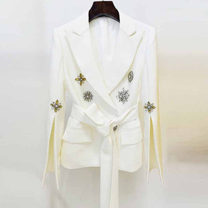 Women's Belted Embroidery Flare Sleeves White / Black Blazer Jacket Formal Event Blazer