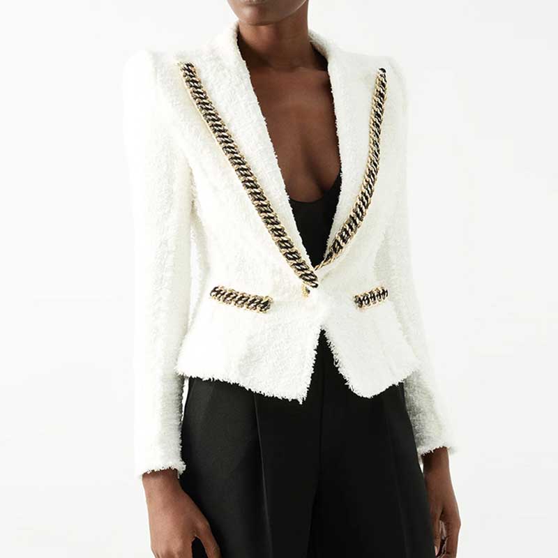 Women Single Breasted White Tweed Blazer