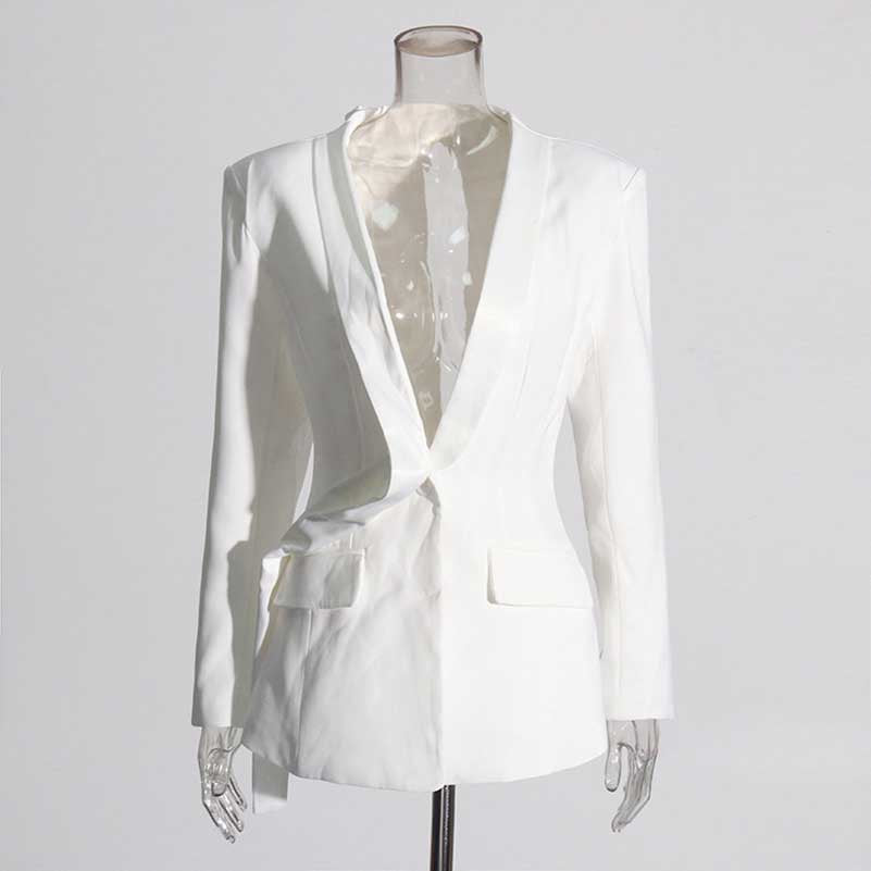 Women's Deep-V White Blazer Trendy Jacket with Cut-out Back