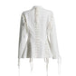 Lace Up White Striped Print Lapel Collar Single Breasted Tailored Blazer