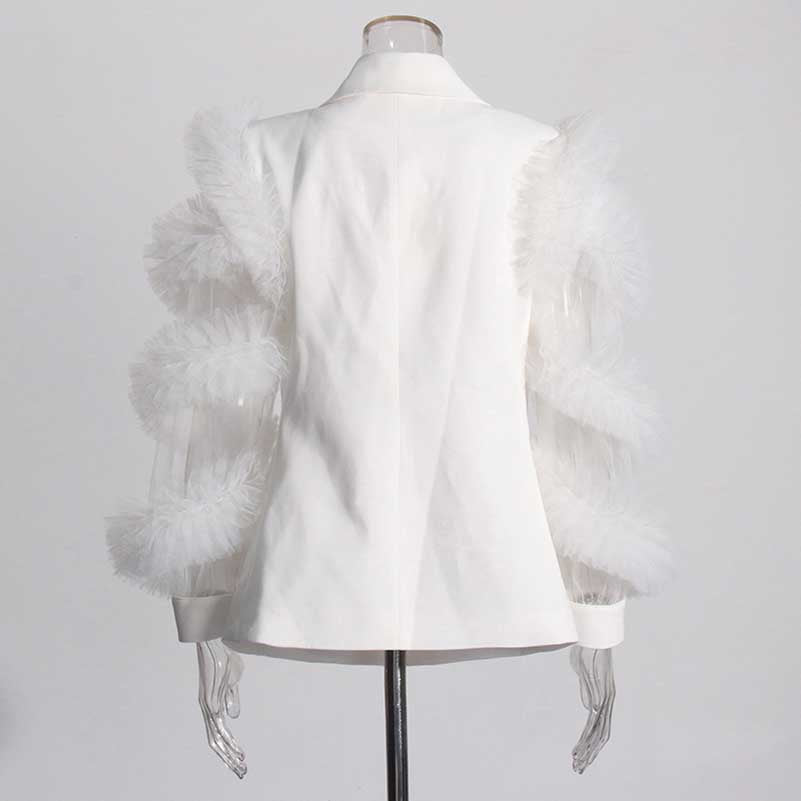 Splicing Mesh Ruffle Double Breasted Suit Jacket Blazer