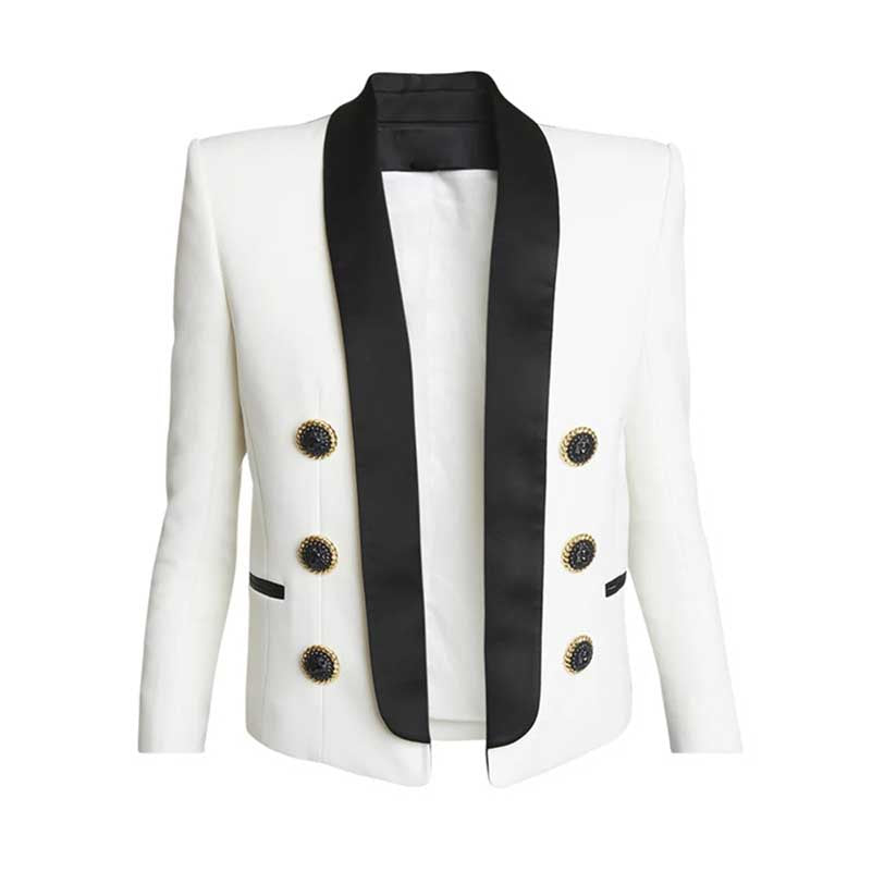 Satin Lapel Open Jacket 6-Button Black Collar Blazer