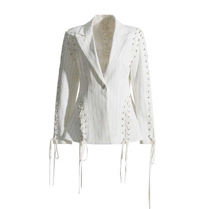 Lace Up White Striped Print Lapel Collar Single Breasted Tailored Blazer