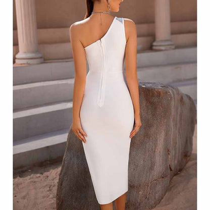 Women White Sheath Dress One Shoulder Knitted Bodycon Party Dress