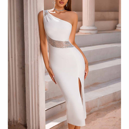 Women White Sheath Dress One Shoulder Knitted Bodycon Party Dress
